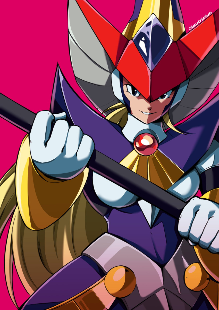 1girl, berkana_(mega_man), black_eyes, blonde_hair, hat, highres, holding, holding_staff