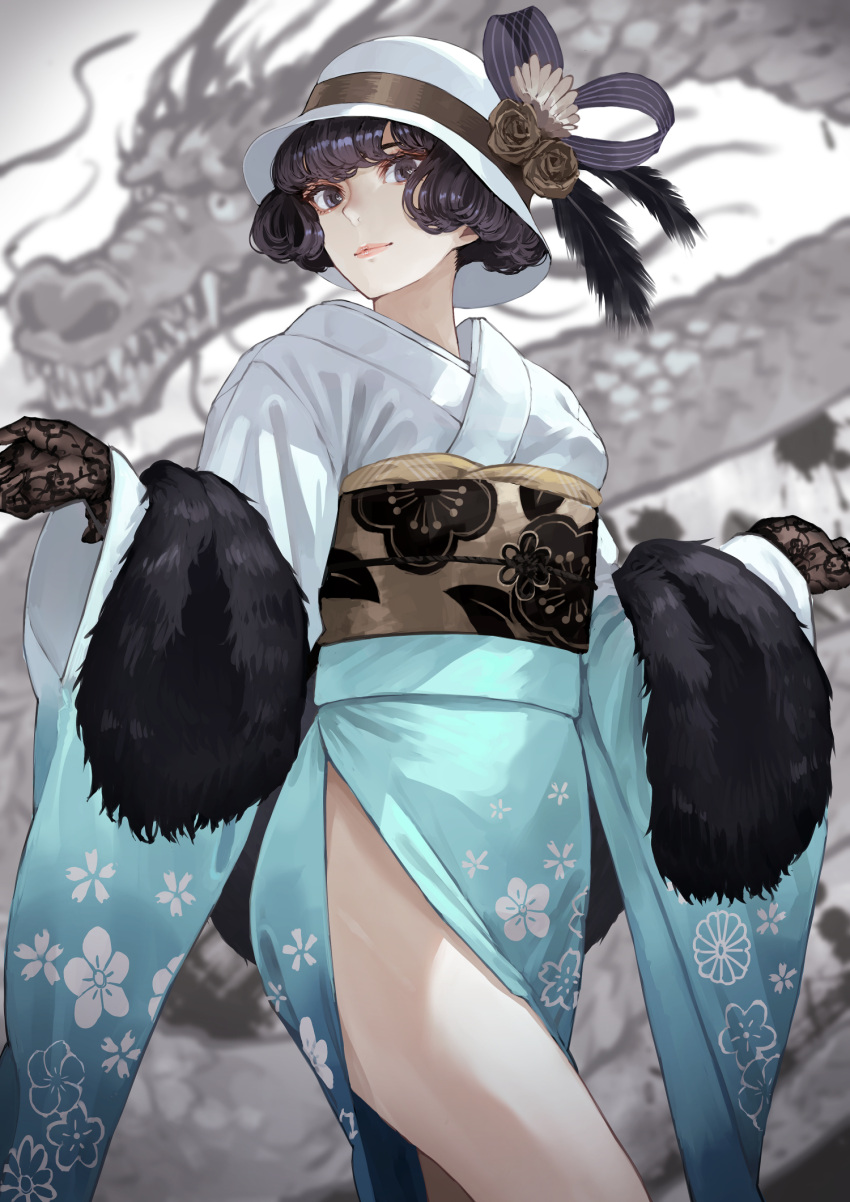 1girl, bare_legs, black_eyes, black_gloves, black_hair, blue_kimono, blurry, blurry_background, bob_cut, brown_rose, closed_mouth, cowboy_shot, curly_hair, dragon, dragon_background, eastern_dragon, facing_to_the_side, floral_print, floral_print_kimono, floral_print_sash, flower, fur_shawl, gloves, hat, hat_feather, hat_flower, hat_ornament, highres, japanese_clothes, kaoming, kimono, lace, lace_gloves, light_smile, long_sleeves, looking_at_viewer, medium_hair, multicolored_clothes, multicolored_kimono, nanjou_ao, new_year, obi, original, sash, shawl, side_slit, smile, solo, thighs, white_kimono