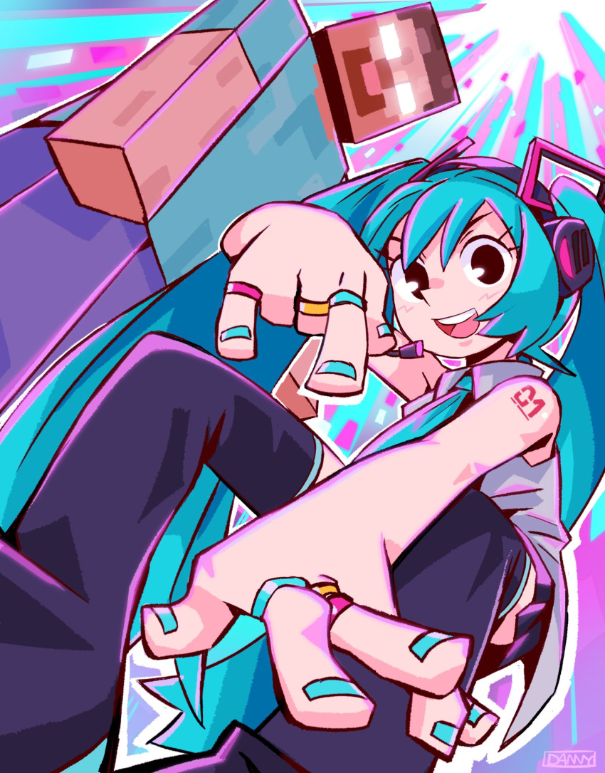 1boy, 1girl, artist_name, black_eyes, black_footwear, black_skirt, black_thighhighs, blue_hair, blue_nails, blue_necktie, blue_shirt, bow, bowtie, brown_hair, creepypasta, danny_but_spooky, dress, fingernails, from_below, glowing, glowing_eyes, grey_dress, hatsune_miku, headphones, herobrine, highres, jewelry, long_hair, looking_at_viewer, minecraft, miniskirt, multicolored_background, nail_polish, necktie, o-ring, shirt, skirt, sleeveless, sleeveless_dress, thigh-highs, twintails, vocaloid, white_eyes