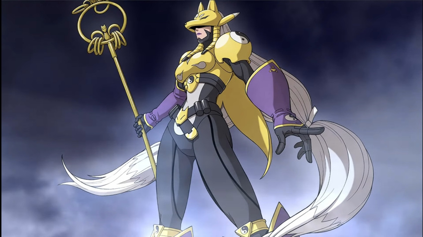 armor, breasts, digimon, digimon_survive, fox_mask, game_screenshot, gloves, grey_hair