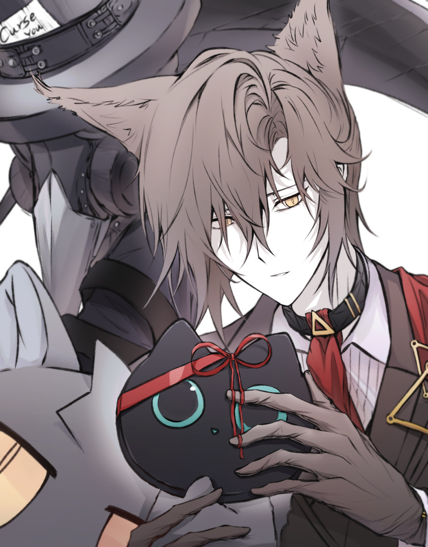 1boy, absurdres, animal_ears, arknights, black_jacket, brown_hair, cat_boy, cat_ears