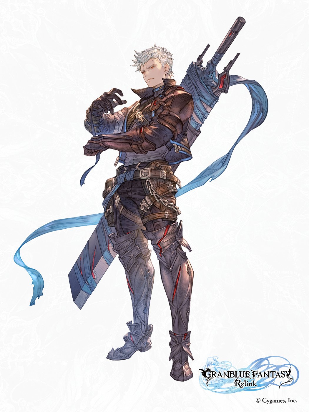 1boy, armored_boots, belt, boots, copyright_name, full_body, granblue_fantasy, granblue_fantasy:_relink, highres, id_(granblue_fantasy:_relink), logo, minaba_hideo, official_art, red_eyes, second-party_source, solo, sword, weapon, white_hair