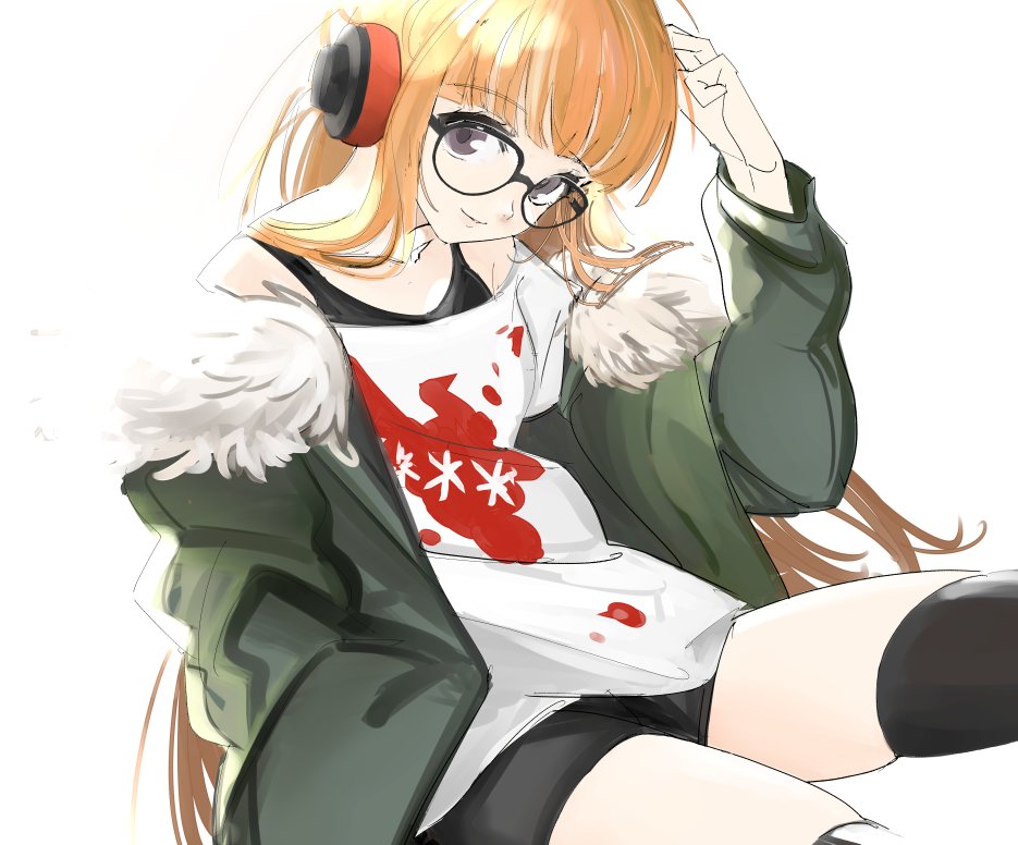 behind-the-head_headphones, black-framed_eyewear, black_shorts, black_socks, black_tank_top, blunt_bangs, brown_eyes, cowboy_shot, fur-trimmed_jacket, fur_trim, green_jacket, hand_in_own_hair, hand_in_pocket, head_tilt, headphones, jacket, light_smile, long_hair, long_sleeves, looking_at_viewer, off-shoulder_shirt, off_shoulder, orange_hair, persona, persona_5, print_shirt, sakura_futaba, shirt, shorts, sitting, sketch, socks, tank_top, thighs, torakichi_(kamima33), very_long_hair, white_background