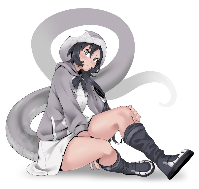 1girl, :<, black_bow, black_bowtie, black_footwear, black_hair, black_mamba_(kemono_friends), blush, boots, bow, bowtie, dark-skinned_female, dark_skin, emil_(fafa), grey_eyes, grey_hair, grey_hoodie, hair_between_eyes, highres, hood, hood_up, hoodie, kemono_friends, long_hair, long_sleeves, pleated_skirt, scales, sidelocks, sitting, skirt, snake_girl, snake_tail, solo, tail, two-tone_hoodie, white_skirt