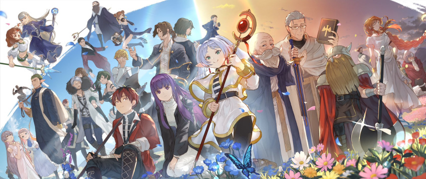 6+boys, 6+girls, adjusting_eyewear, arm_behind_back, arm_up, arms_up, axe, back-to-back