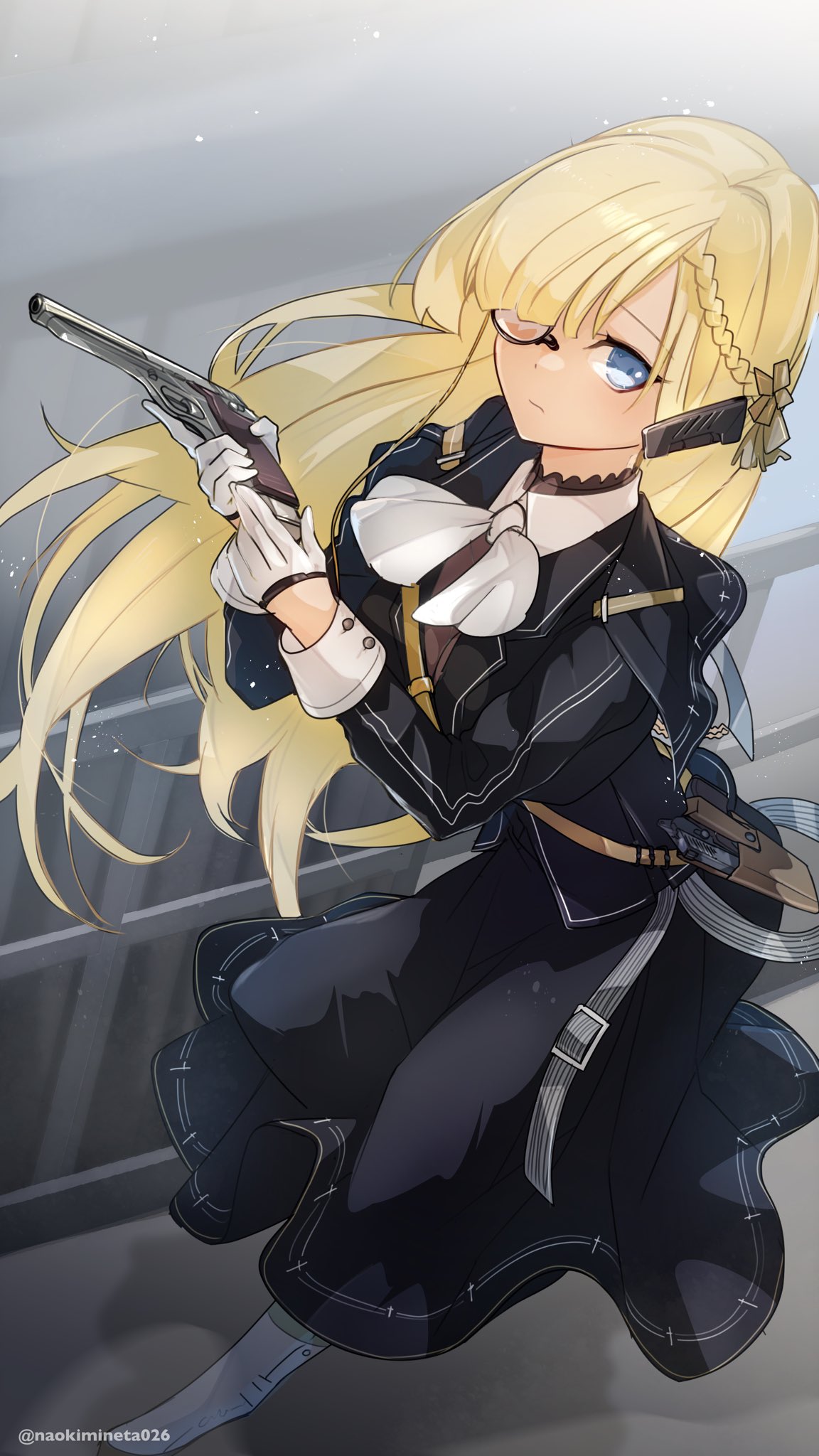 1girl, black_dress, blue_eyes, braid, cz52_(girls'_frontline), cz_52, dress, expressionless, french_braid, full_body, girls_frontline, gloves, gun, hair_over_one_eye, half_gloves, handgun, highres, holding, holding_gun, holding_weapon, long_hair, looking_at_viewer, mineta_naoki, monocle, reloading, solo, twitter_username, weapon, white_gloves
