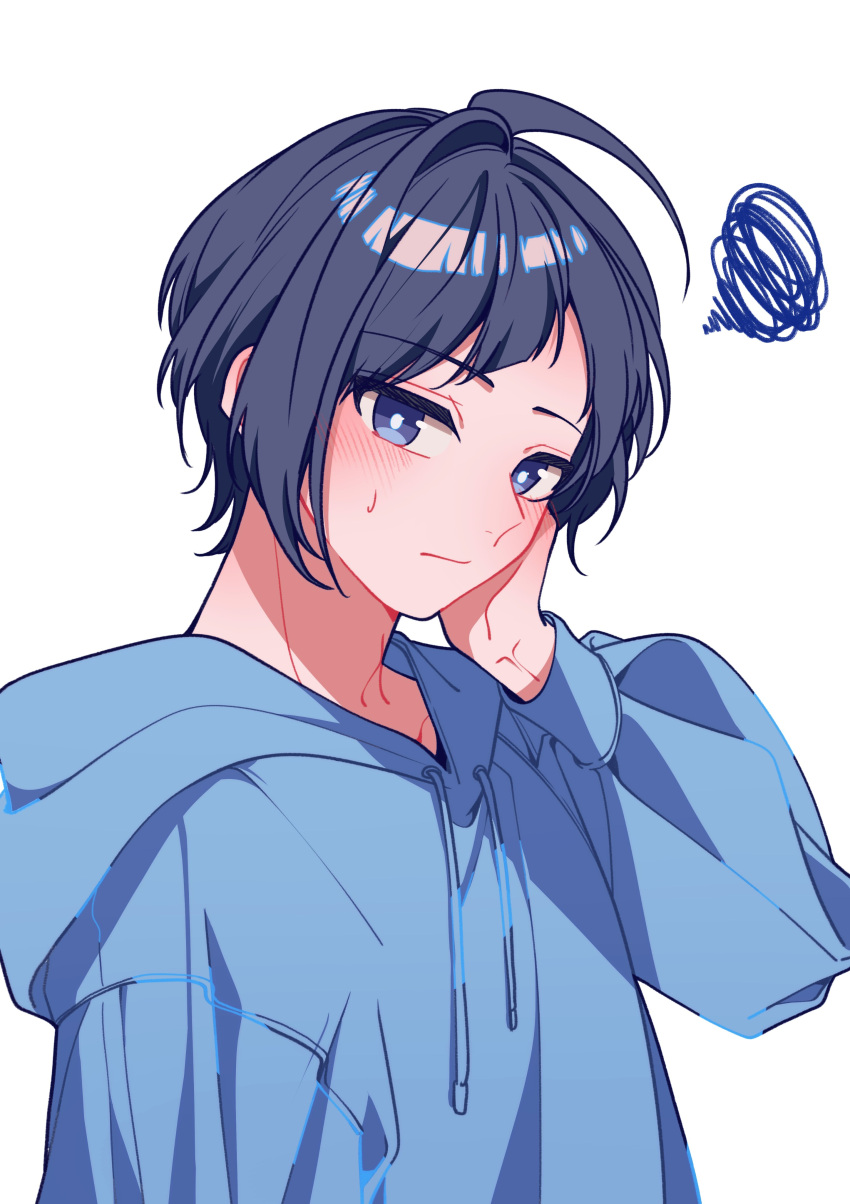 1boy, absurdres, arm_up, black_hair, blue_eyes, blue_hoodie, closed_mouth, hand_on_own_face, highres, hood, hoodie, long_sleeves, looking_at_viewer, male_focus, original, short_hair, solo, sophia_pie_12, white_background