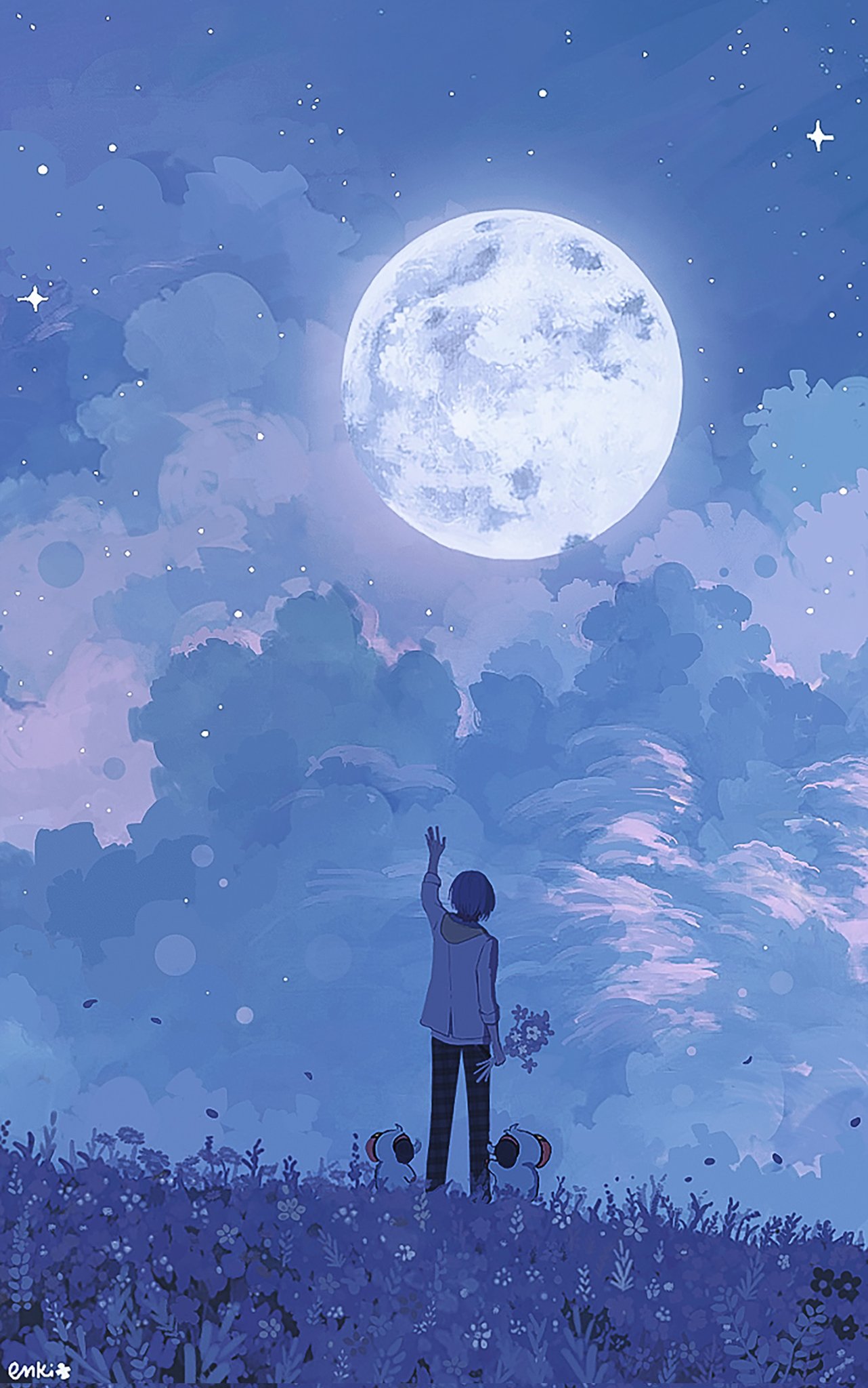 1boy, arm_up, artist_name, black_pants, blue_hair, bouquet, clouds, cloudy_sky