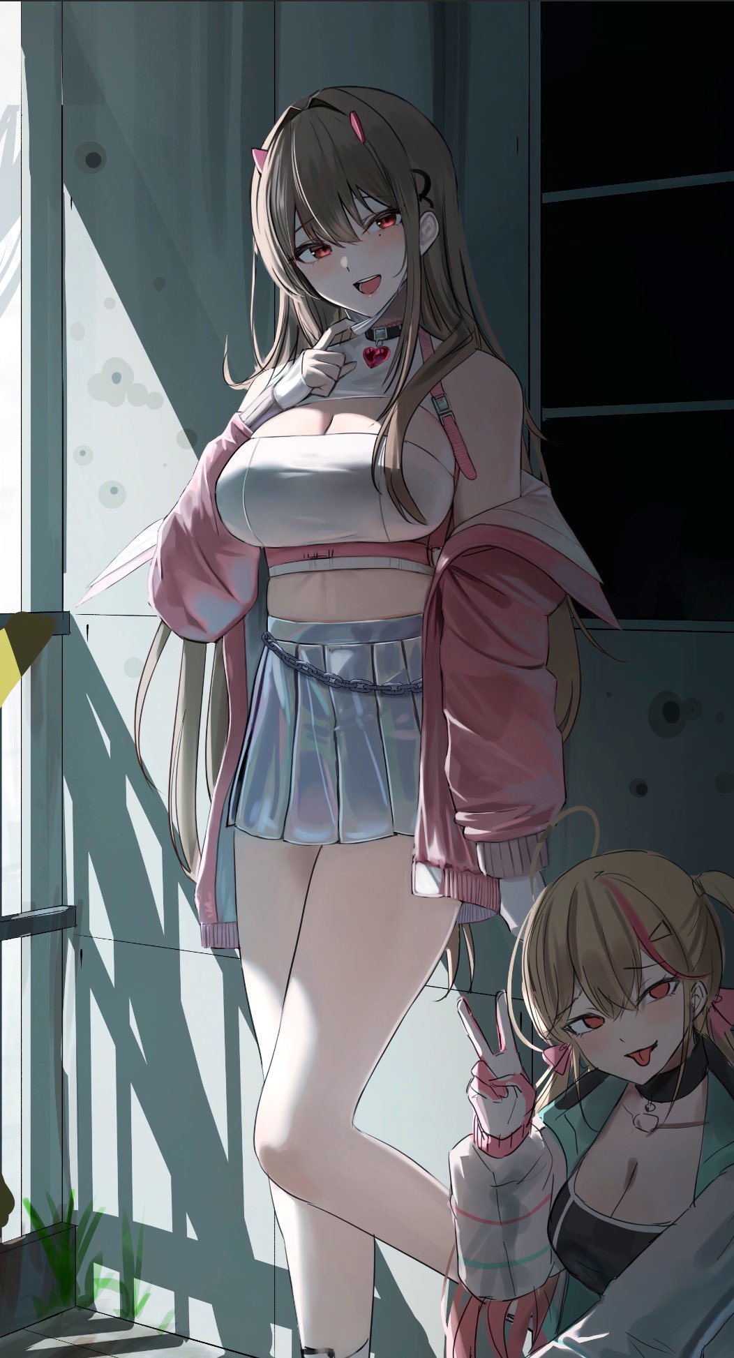 2girls, blonde_hair, chain, choker, crop_top, fingerless_gloves, gloves, goddess_of_victory:_nikke, hana_hebi, highres, horns, jackal_(nikke), jacket, long_hair, mask, mouth_mask, multiple_girls, pink_eyes, pink_jacket, skirt, stairs, stairwell, v, viper_(nikke), window