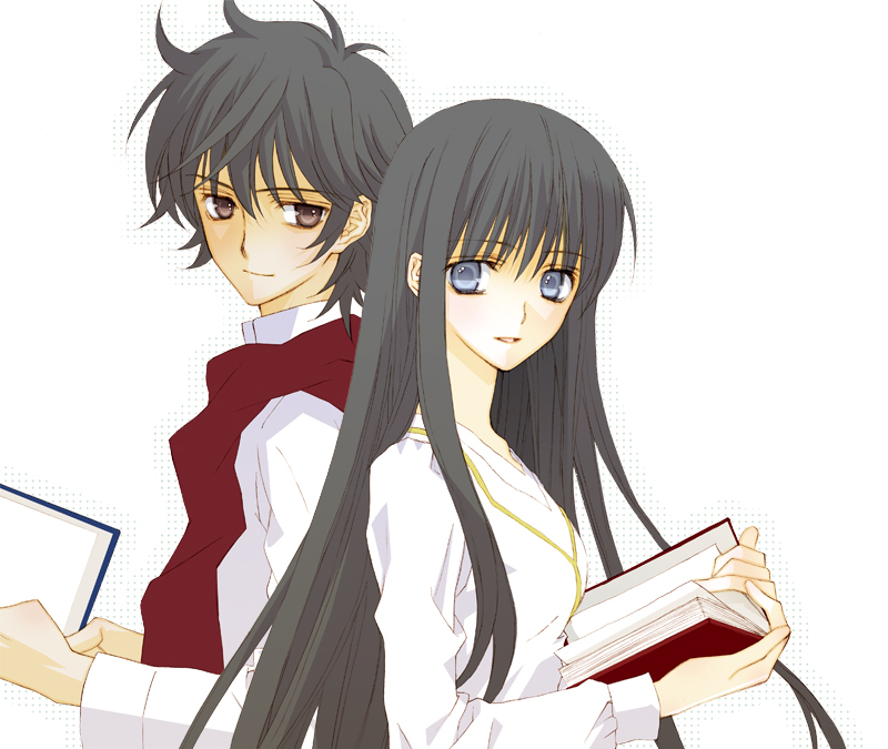 1girl, bad_id, bernard_sho, black_hair, blue_eyes, book, brown_eyes, couple, gundam, gundam_00, long_hair, marina_ismail, scarf, setsuna_f_seiei, short_hair, smile