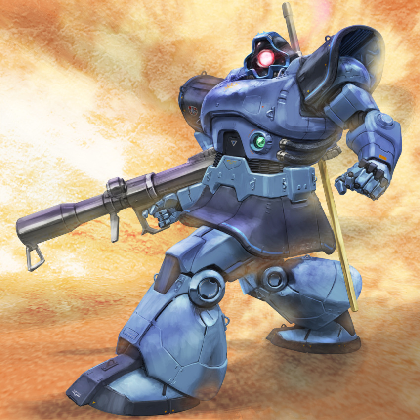 bazooka_(gundam), cable, color_variation, commentary_request, derivative_work, desert, dom_(mobile_suit), dust