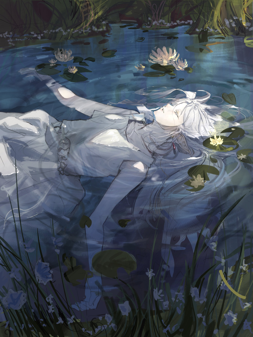 1girl, absurdres, dress, drop_earrings, earrings, elf, facing_up, flower