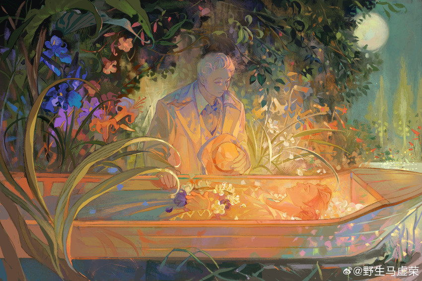 2boys, absurdres, aziraphale_(good_omens), black_bow, black_bowtie, blue_flower, boat, bow