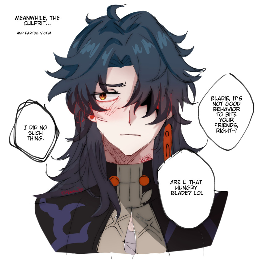 1boy, ahoge, akashicelegy, averting_eyes, black_hair, black_jacket, blade_(honkai:_star_rail), blue_hair, blush, brown_shirt, bruise_on_neck, closed_mouth, collared_jacket, cropped_torso, earrings, english_text, frown, gradient_hair, highres, honkai:_star_rail, honkai_(series), injury, jacket, jewelry, long_hair, looking_to_the_side, male_focus, multicolored_hair, nose_blush, open_clothes, open_jacket, orange_eyes, parted_bangs, shirt, simple_background, solo, speech_bubble, tassel, tassel_earrings, white_background