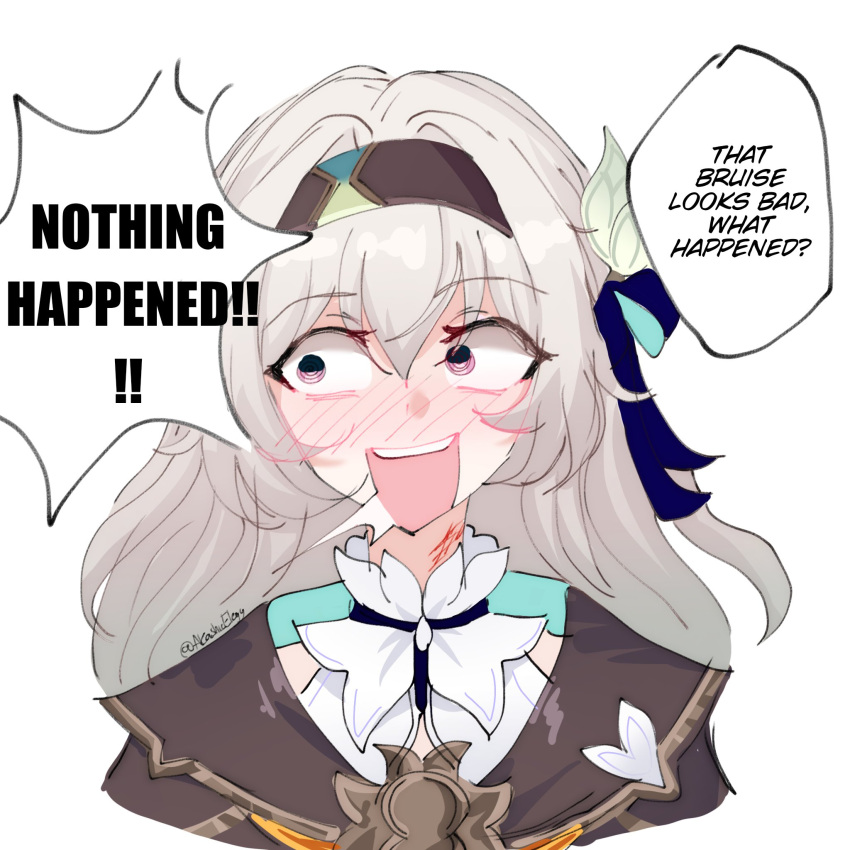 1girl, :d, akashicelegy, averting_eyes, black_hairband, black_jacket, blue_ribbon, blush, bow, bruise_on_neck, collared_shirt, cropped_head, english_text, firefly_(honkai:_star_rail), grey_hair, hair_between_eyes, hair_bow, hair_intakes, hair_ribbon, hairband, highres, honkai:_star_rail, honkai_(series), injury, jacket, long_hair, looking_to_the_side, neckerchief, nose_blush, open_mouth, orange_neckerchief, pink_eyes, ribbon, shirt, sidelocks, simple_background, smile, solo, speech_bubble, teeth, upper_teeth_only, white_background, white_bow, white_shirt