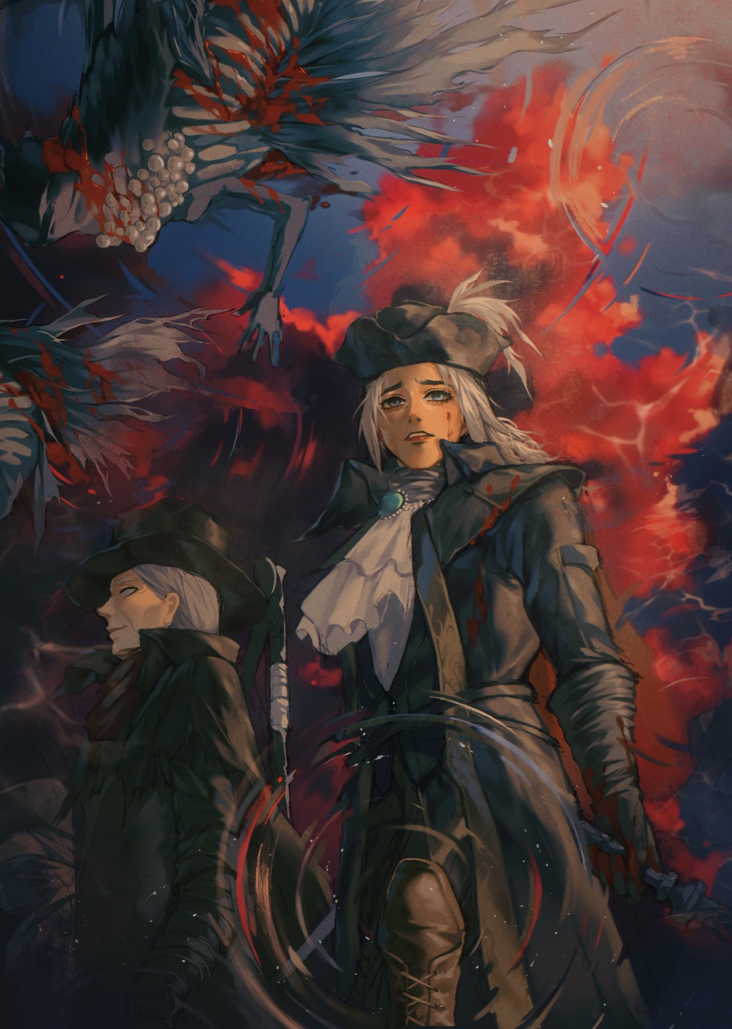 1boy, 1girl, ascot, blood, blood_stain, bloodborne, blue_eyes, burial_blade