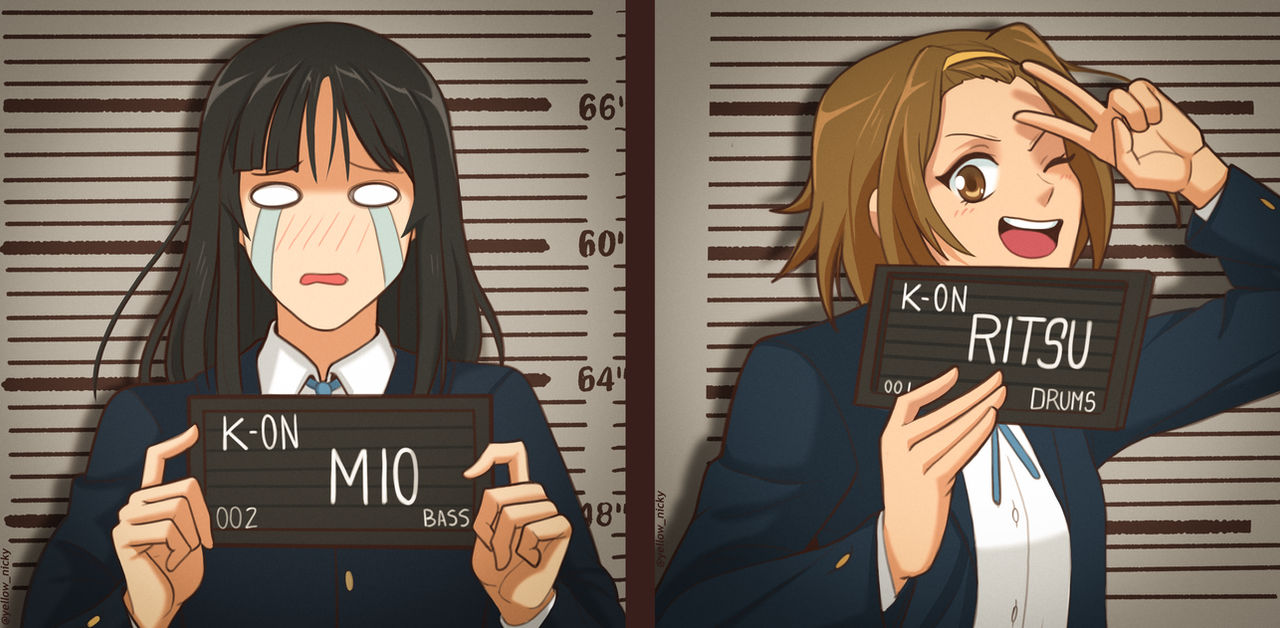 2girls, akiyama_mio, barbie_mugshot_(meme), black_hair, brown_eyes, brown_hair, character_name, crying