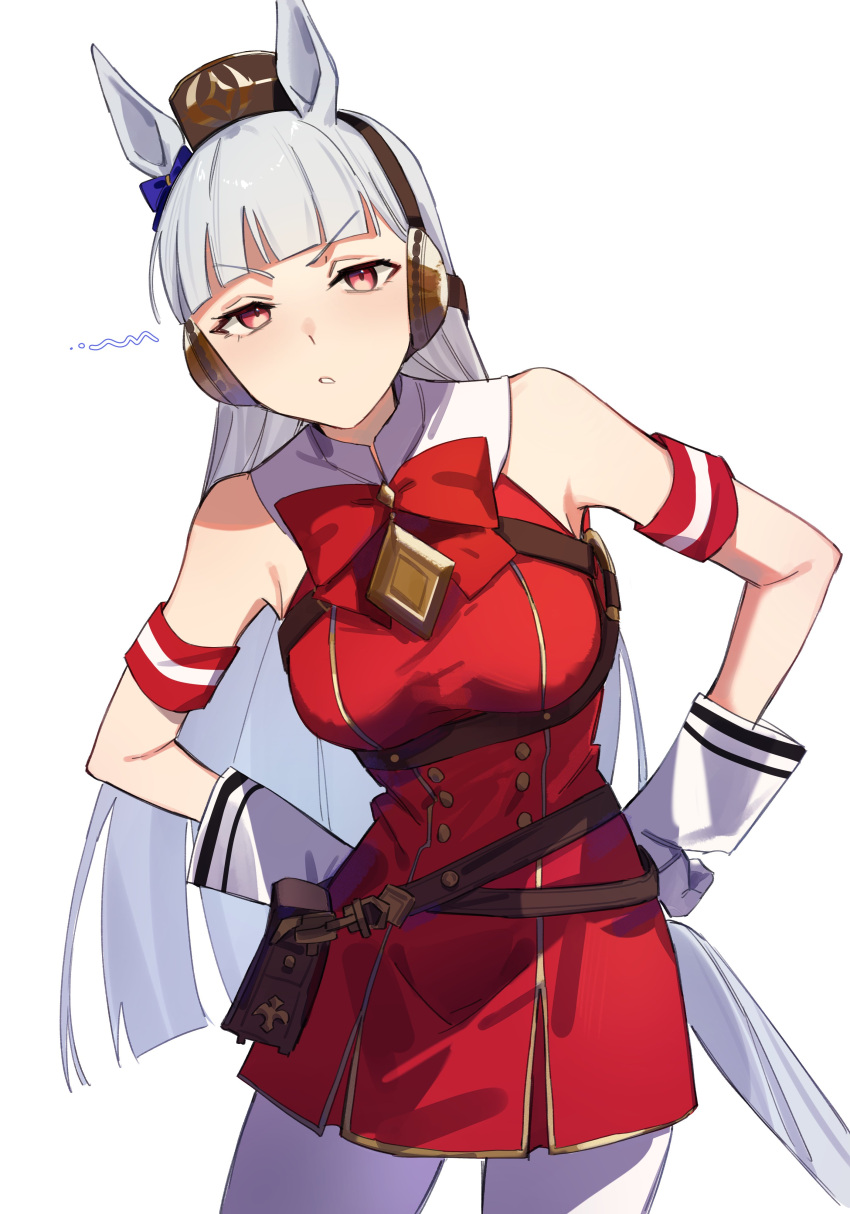 1girl, absurdres, animal_ears, armpits, bare_shoulders, black_gloves, blunt_bangs, bow, breasts, bridle, dress, ear_bow, earmuffs, elbow_gloves, gloves, gold_ship_(umamusume), grey_hair, hands_on_own_hips, hat, highres, horse_ears, horse_girl, horse_tail, jenshenya, large_breasts, long_hair, looking_at_viewer, pants, pillbox_hat, red_bow, red_dress, simple_background, sleeveless, solo, tail, umamusume, violet_eyes, white_background, white_gloves, white_pants