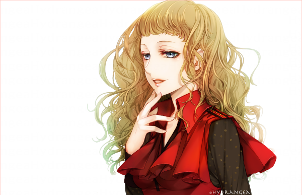1girl, brown_hair, brown_sleeves, eyelashes, gnosia, grey_eyes, hmf_(hydrangea), kukrushka_(gnosia), long_hair, long_sleeves, looking_at_viewer, parted_lips, shirt, simple_background, solo, upper_body, wavy_hair, white_background