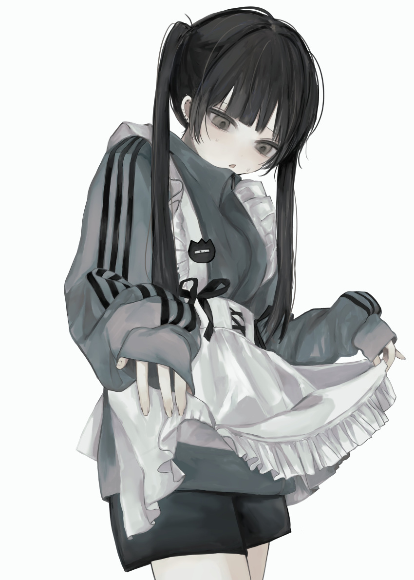 1girl, absurdres, apron, apron_lift, black_hair, black_shorts, blue_jacket, blunt_bangs