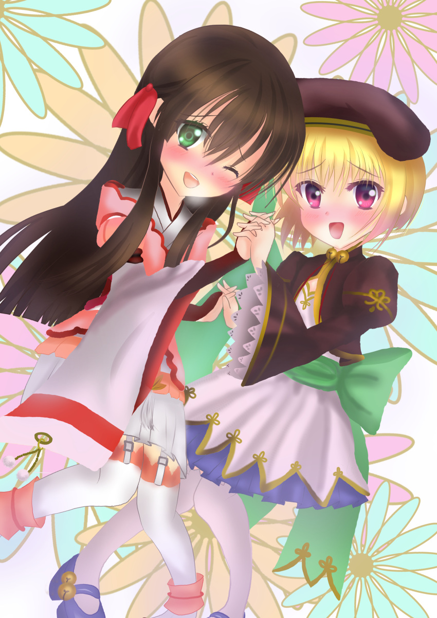 2girls, absurdres, beret, black_hair, blonde_hair, blush, commentary_request, floral_background
