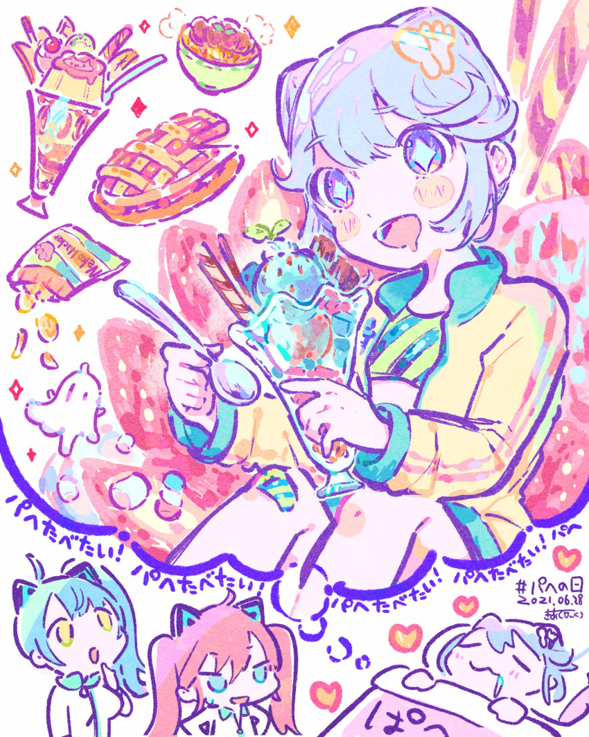 +_+, 3girls, :3, artist_self-insert, bag_of_chips, blue_eyes, blue_hair, bowl, closed_eyes, commentary_request, cone_hair_bun, double_bun, dreaming, drooling, food, hair_bun, heart, highres, holding, holding_food, jacket, kiato, kuishinbo_akachan, kuishinbo_hacker, long_hair, long_sleeves, mouth_drool, multiple_girls, neko_hacker, open_mouth, parfait, pie, pink_hair, sera_(neko_hacker), sho_(neko_hacker), short_hair, sidelocks, sitting, sleeping, smile, sparkling_eyes, thought_bubble, translation_request, twintails, under_covers, yellow_jacket
