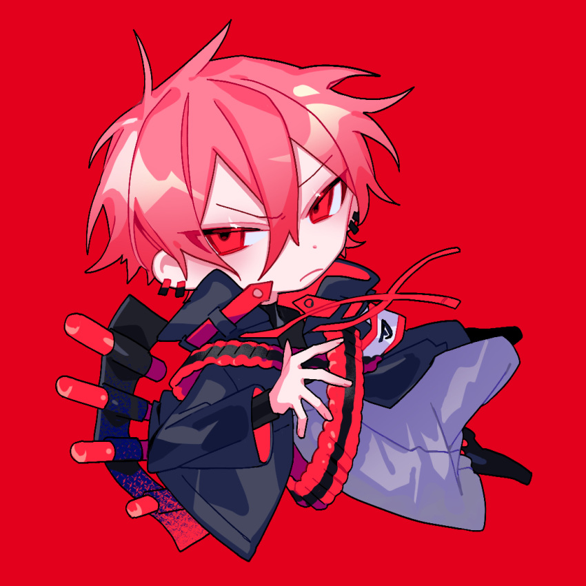1boy, baggy_pants, black_footwear, black_jacket, black_shirt, borrowed_character, deformed, earrings, frown, grey_pants, high-waist_pants, himanemuitoma, jacket, jewelry, jiro_nito, long_sleeves, looking_at_viewer, nitro_(vocaloid), original, pants, red_background, red_eyes, redhead, shirt, short_hair, solo, turtleneck, v-shaped_eyebrows, vocaloid