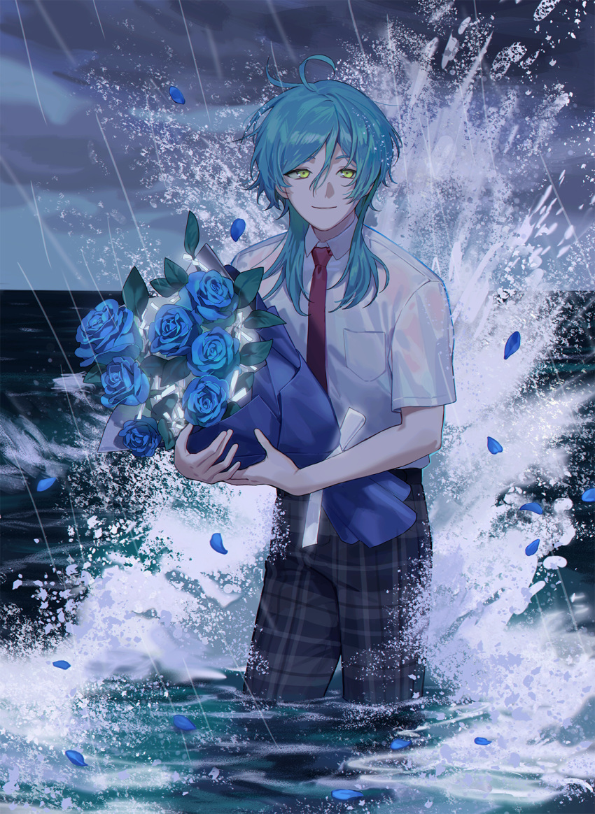 1boy, ahoge, blue_flower, blue_hair, blue_rose, bouquet, breast_pocket, closed_mouth, ensemble_stars!, flower, green_eyes, highres, holding, holding_bouquet, long_hair, looking_at_viewer, necktie, petals, pocket, rain, red_necktie, ribbon, rose, rose_petals, school_uniform, shinkai_kanata, smile, solo, standing, wading, water, waves, wet, wet_clothes, yongsil, yumenosaki_school_uniform
