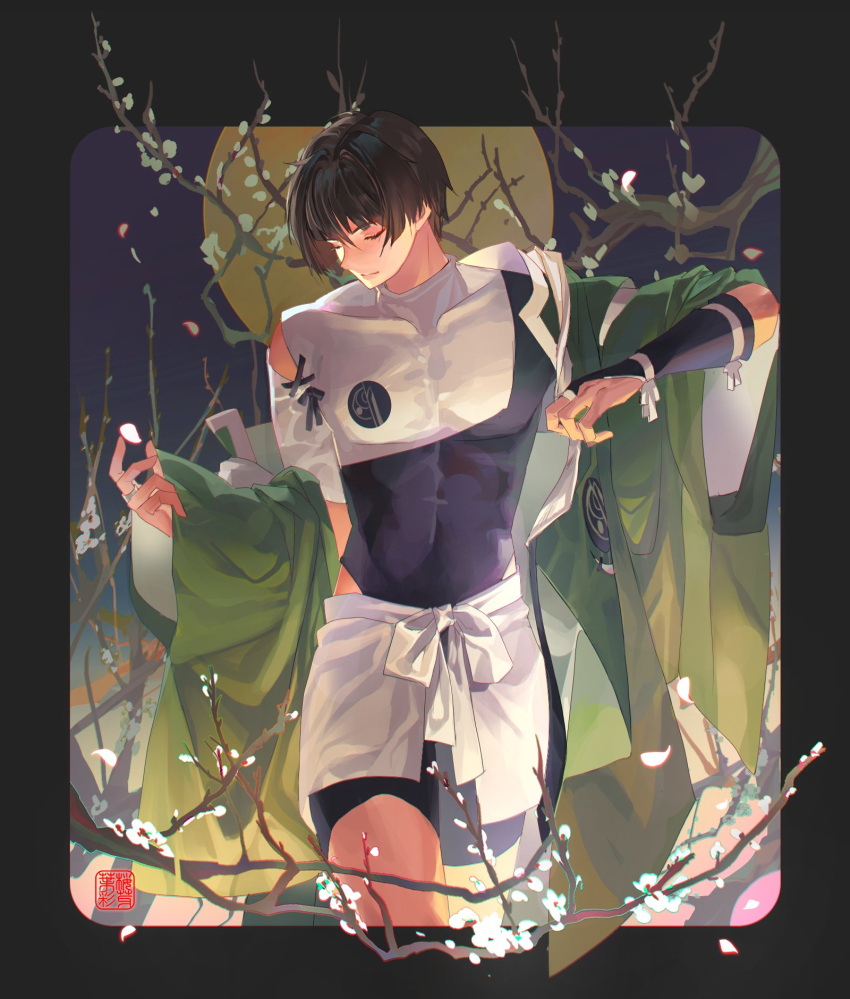 1boy, blunt_bangs, bob_cut, bodysuit, border, branch, brown_hair, closed_eyes