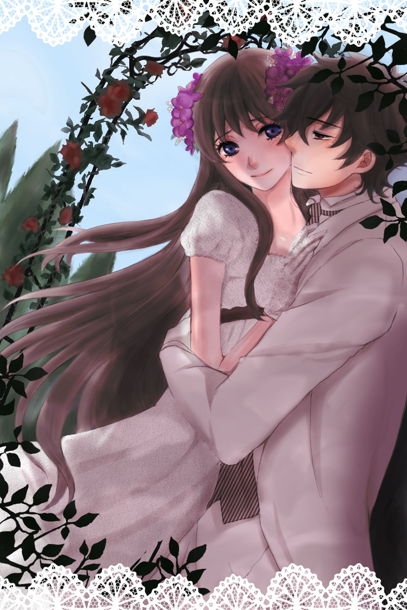 1girl, black_hair, blue_eyes, couple, dress, flower, formal, gloves