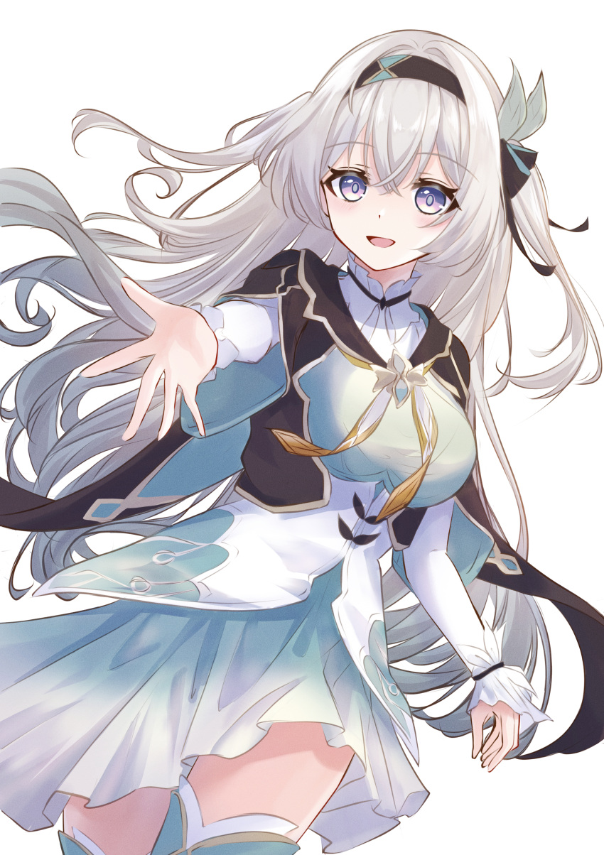 1girl, :d, absurdres, arm_at_side, black_hairband, black_jacket, black_ribbon, blue_hair