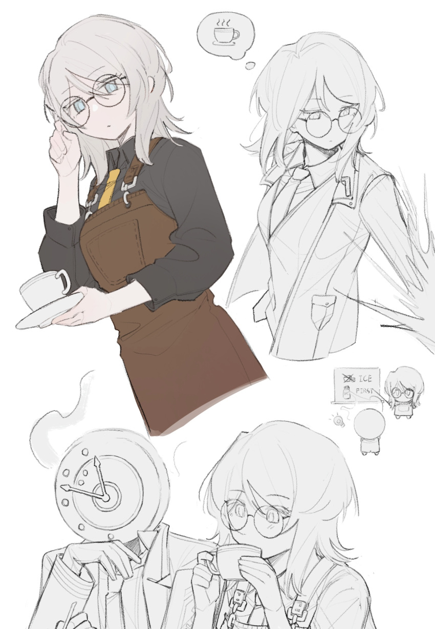 1girl, 1other, apron, brown_apron, closed_mouth, cup, dante_(limbus_company), faust_(project_moon)
