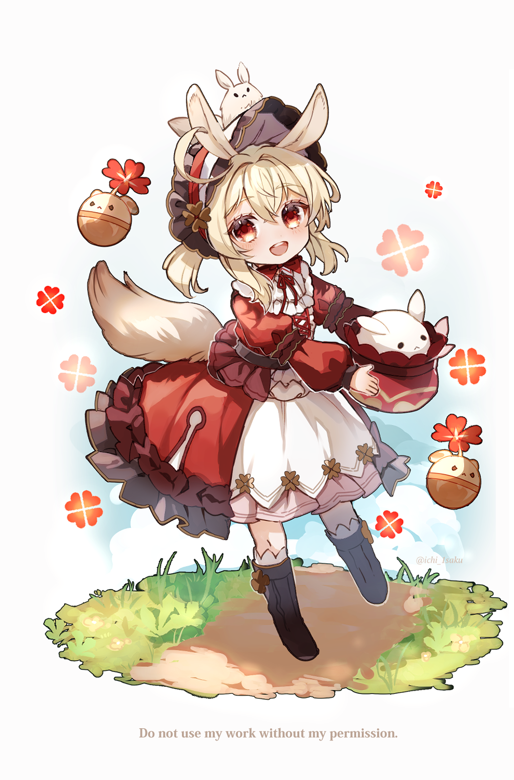1girl, alternate_costume, animal_ears, animal_on_head, blonde_hair, boots, brown_footwear, clover
