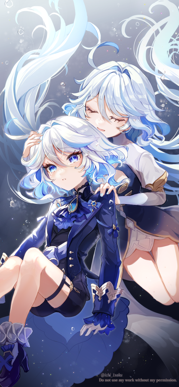 2girls, ahoge, blue_eyes, blue_hair, blue_jacket, blue_shorts, bow, closed_eyes