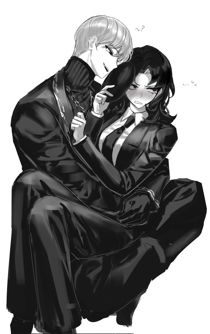 1boy, 1girl, angelica_(project_moon), black_eyes, black_gloves, black_hair, black_mask, black_pants, black_suit, blue_eyes, blush, genderswap, genderswap_(ftm), genderswap_(mtf), gloves, highres, holding, holding_mask, hug, husband_and_wife, library_of_ruina, long_hair, looking_to_the_side, mask, open_mouth, orururuu, pants, project_moon, ribbed_sweater, roland_(project_moon), shirt, short_hair, sitting, sitting_on_lap, sitting_on_person, suit, sweater, turtleneck, turtleneck_sweater, white_hair, white_shirt