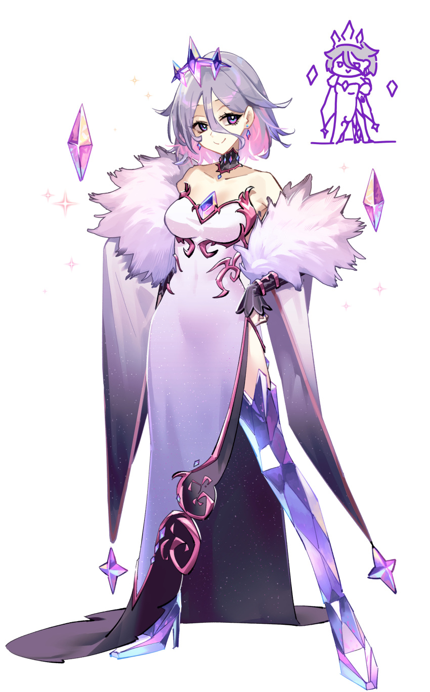 1girl, absurdres, adarin, bare_shoulders, breasts, chest_jewel, colored_inner_hair, crown, doodles, dress, earrings, floating, floating_object, gem, gem_hair_ornament, grey_hair, highres, hololive, hololive_english, jewelry, momseki_(koseki_bijou), multicolored_hair, pink_hair, short_hair, simple_background, smile, solo, violet_eyes, white_background, white_dress