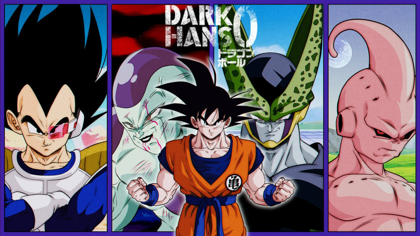 5boys, anime_coloring, armor, bleeding, blood, blood_on_face, cell_(dragon_ball), collarbone, commentary, commission, darkhans0, dougi, dragon_ball, dragon_ball_z, english_commentary, frieza, highres, kid_buu, majin_buu, multiple_boys, muscular, muscular_male, pectorals, perfect_cell, red_eyes, saiyan_armor, scouter, smile, son_goku, spiky_hair, vegeta, watermark