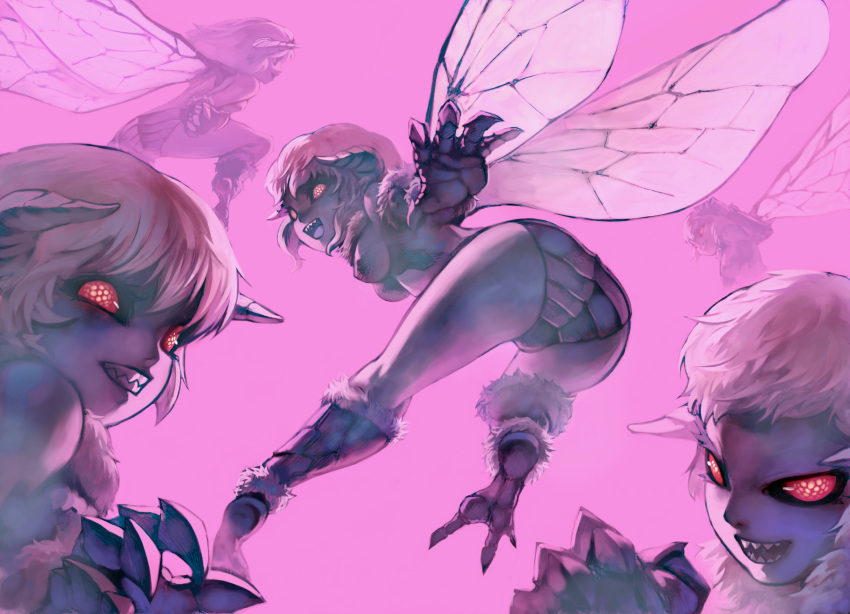 breasts, claws, flying, grin, highres, horns, insect_girl, looking_back, monster, monster_girl, original, red_eyes, sharp_teeth, smile, takeda_kanryuusai, wings