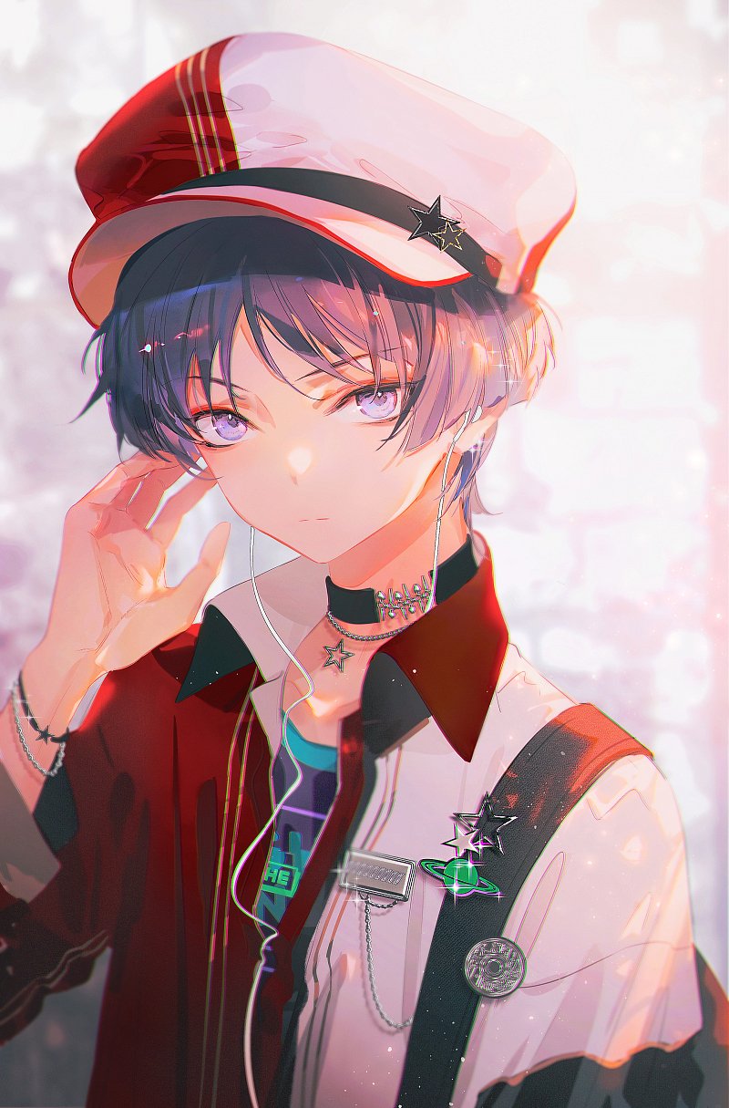 1boy, alternate_costume, bag, black_bag, black_choker, blunt_ends, bracelet, choker