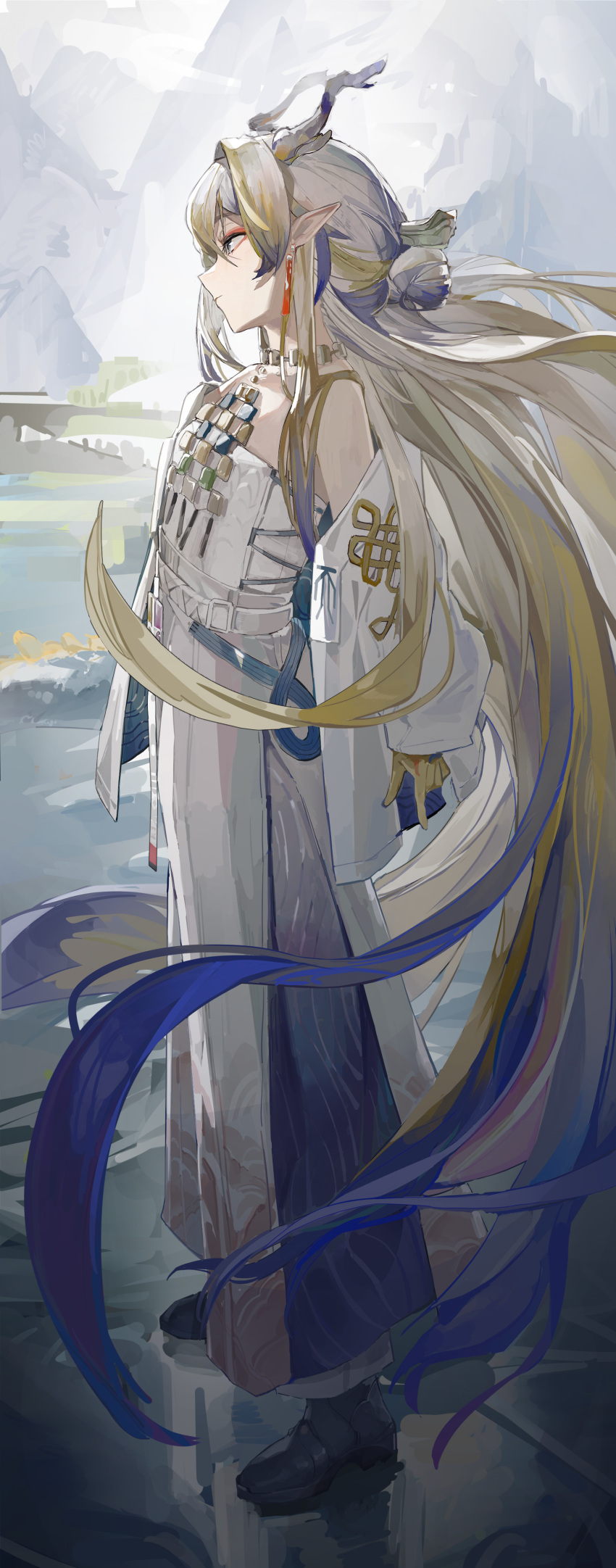 1girl, absurdres, arknights, bare_shoulders, black_footwear, blonde_hair, blue_hair, closed_mouth