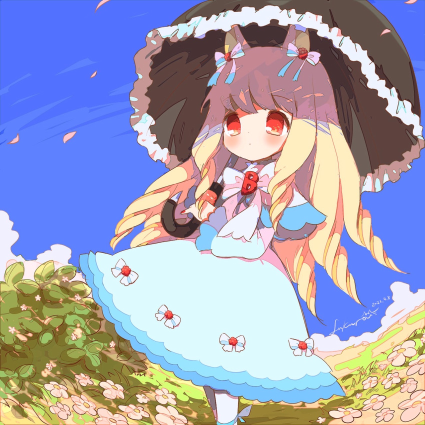1girl, animal_ears, baron-0628, berry_(oshiri_tantei), black_umbrella, blonde_hair, bow, dated, day, dress, drill_hair, flower, hair_bow, highres, holding, holding_umbrella, long_hair, long_sleeves, oshiri_tantei, outdoors, pantyhose, parasol, red_eyes, red_nails, solo, standing, umbrella, white_pantyhose