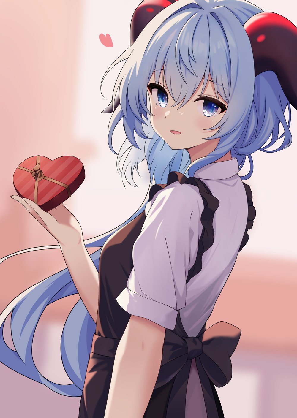 1girl, ahoge, apron, black_apron, blue_eyes, blue_hair, blush, breasts