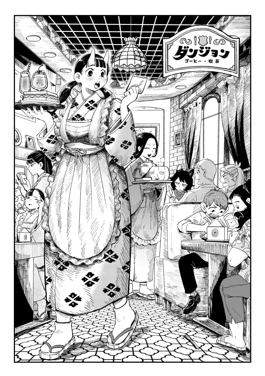 3boys, 6+girls, ^_^, absurdres, alcohol, animal_ears, apron, asymmetrical_bangs