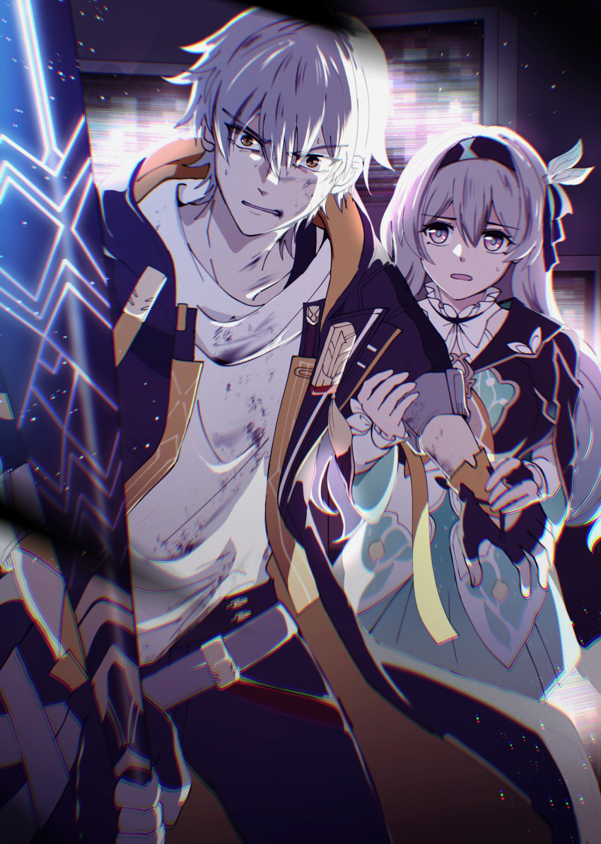 1boy, 1girl, baseball_bat, black_jacket, black_pants, blue_eyes, blue_pupils, blue_skirt, bridal_gauntlets, caelus_(honkai:_star_rail), clenched_teeth, cowboy_shot, cropped_jacket, firefly_(honkai:_star_rail), grey_hair, hair_between_eyes, hair_intakes, hair_ribbon, highres, holding, holding_another's_arm, holding_weapon, honkai:_star_rail, honkai_(series), hood, hood_down, hooded_jacket, indoors, jacket, long_hair, mikage033, open_clothes, open_jacket, orange_eyes, pants, pink_eyes, pleated_skirt, ribbon, shirt, short_hair, sidelocks, skirt, static, sweatdrop, teeth, television, trailblazer_(honkai:_star_rail), two-tone_eyes, v-shaped_eyebrows, weapon, white_shirt