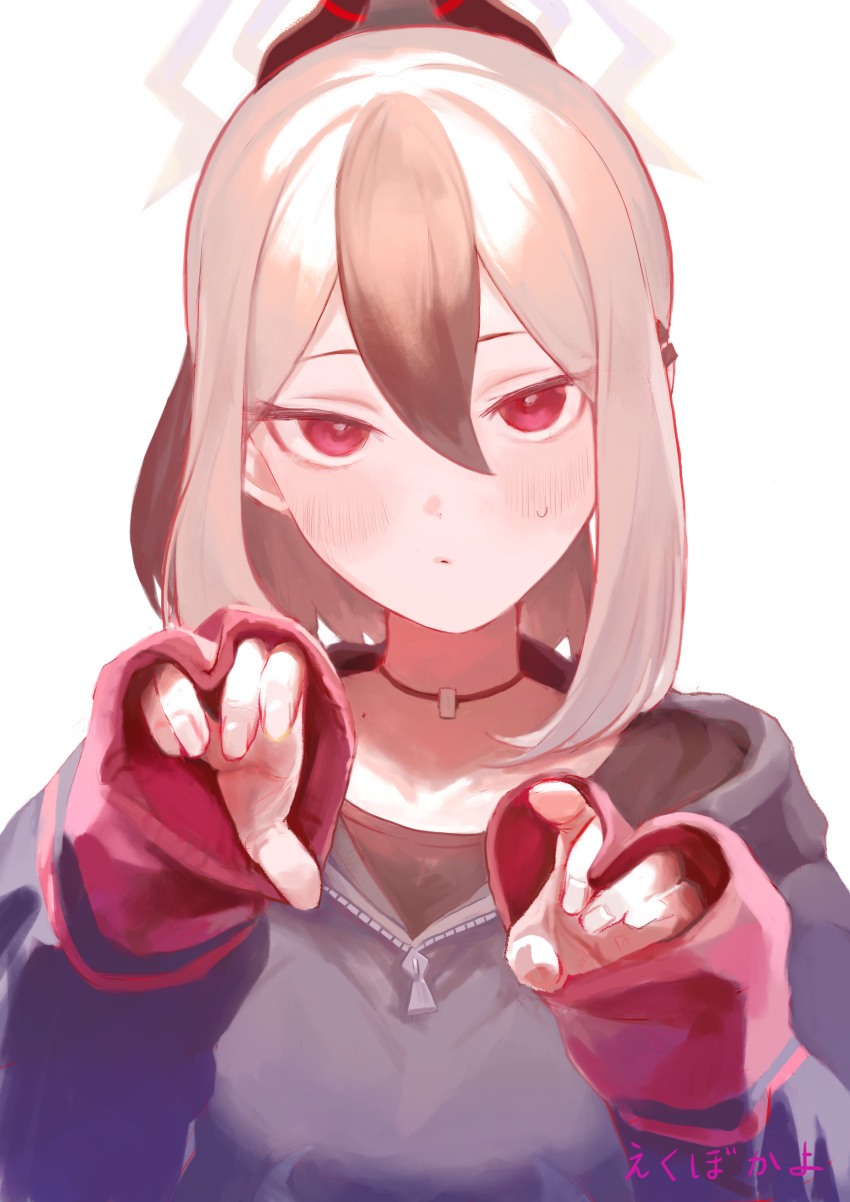 1girl, absurdres, artist_name, black_hair, black_hoodie, black_shirt, blue_archive, blush, claw_pose, collarbone, demon_horns, double-parted_bangs, earclip, ekubokayo, fingernails, hair_between_eyes, halo, hands_up, heart, highres, hood, hoodie, horns, kayoko_(blue_archive), long_sleeves, looking_at_viewer, medium_hair, mole, mole_on_neck, multicolored_hair, portrait, red_eyes, shirt, simple_background, sleeves_past_wrists, solo, sweatdrop, two-tone_hair, white_background, white_hair