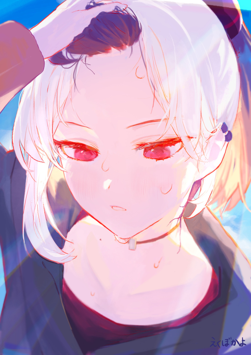 1girl, absurdres, arm_up, artist_name, black_hair, black_hoodie, blue_archive, blush