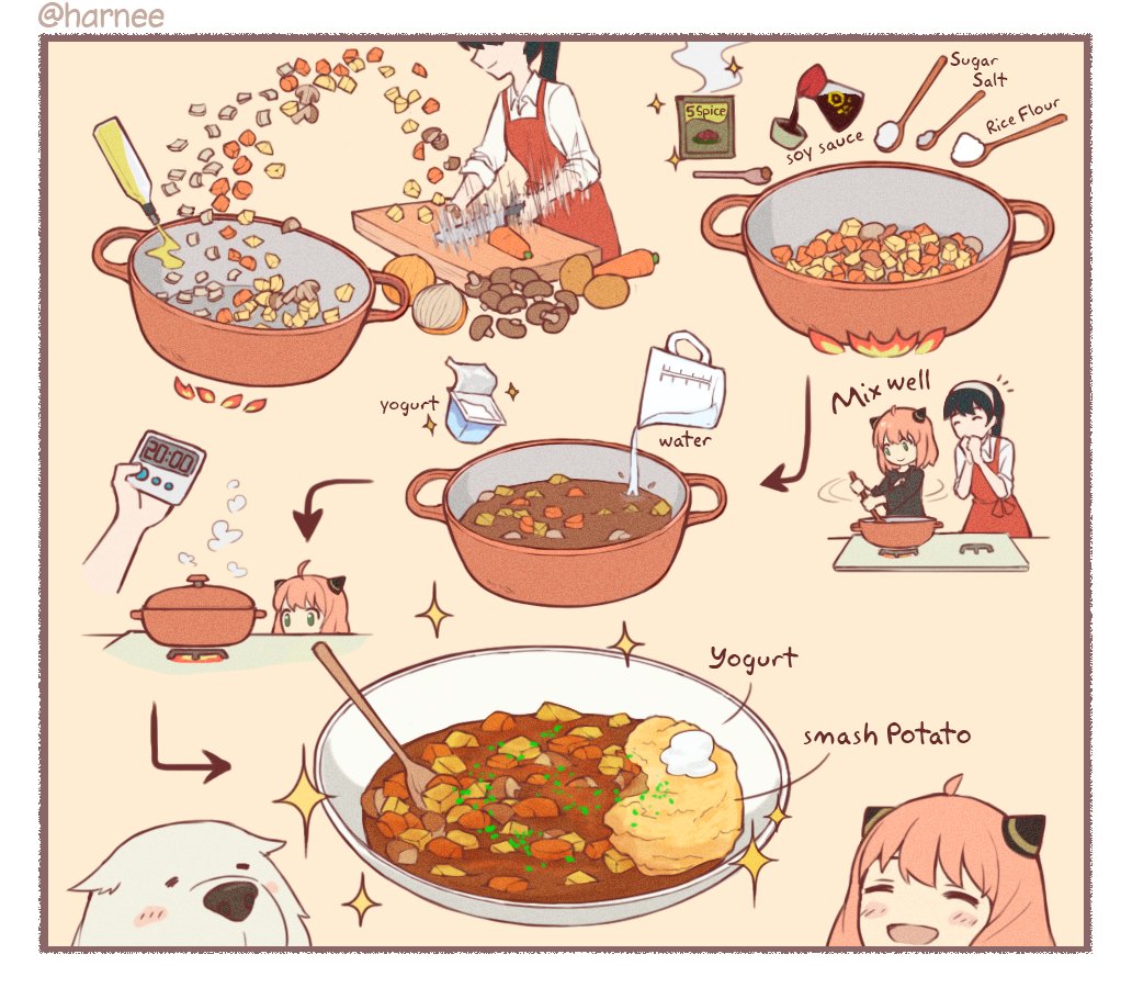 2girls, ^_^, analog_clock, animal, anya_(spy_x_family), apron, black_dress, black_hair, bond_(spy_x_family), border, bowl, carrot, casual, child, chopping, clock, closed_eyes, commentary, cooking, cooking_pot, curry, cutting_board, disembodied_limb, dog, dress, english_commentary, fake_horns, fire, flour, food, hairband, hairpods, happy, harnee_s, holding, holding_knife, horns, how_to, knife, long_sleeves, motion_blur, multiple_girls, multiple_views, mushroom, onion, pink_hair, ponytail, potato, pouring, red_apron, salt, sequential, simple_background, sleeves_rolled_up, soy_sauce, soy_sauce_bottle, spoon, spy_x_family, steam, stew, stirring, stove, sugar_(food), twitter_username, water, yogurt, yor_briar