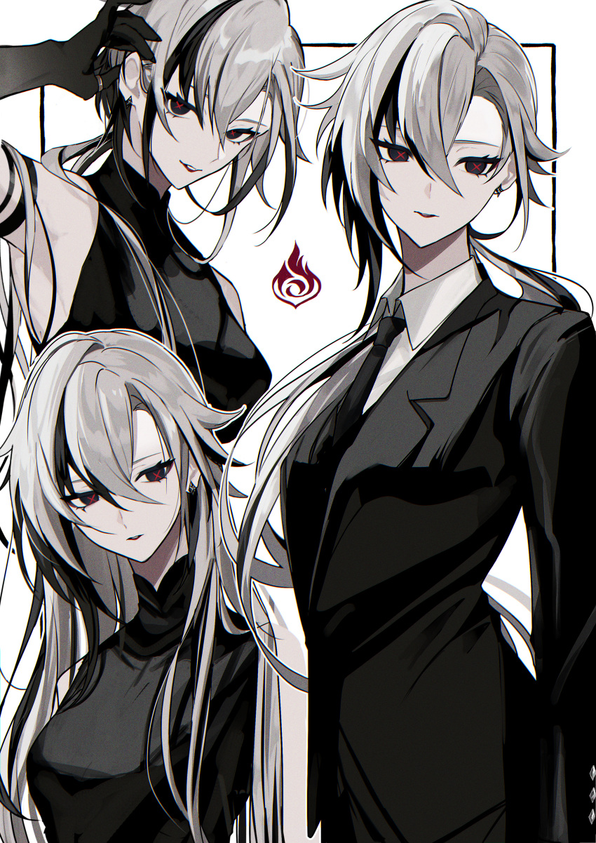 1girl, absurdres, adjusting_hair, arlecchino_(genshin_impact), bare_shoulders, black_eyes, black_hair, black_hands