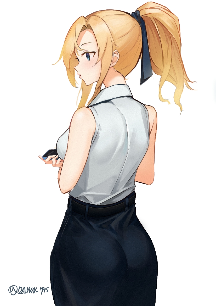 1girl, alternate_hairstyle, bare_shoulders, black_ribbon, black_skirt, blonde_hair, dawn_1945, from_behind, hair_ribbon, hornet_(kancolle), kantai_collection, long_hair, looking_to_the_side, pencil_skirt, ponytail, ribbon, shirt, simple_background, skirt, sleeveless, sleeveless_shirt, solo, twitter_username, white_background, white_shirt