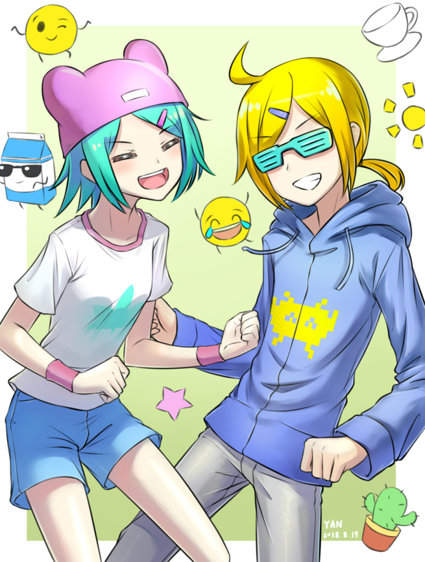 2018, 2others, ahoge, animal_hat, aqua_hair, artist_name, blonde_hair, blue_hoodie